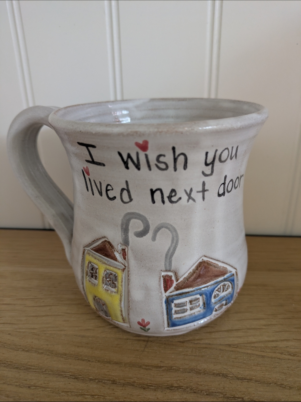 Ceramic 'I Wish You Lived Next Door' Mug - White with Yellow & Blue Accents